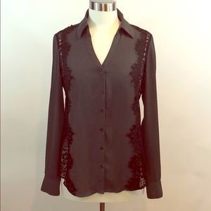 EXPRESS Black Lace Panel Button Down Shirt Small S